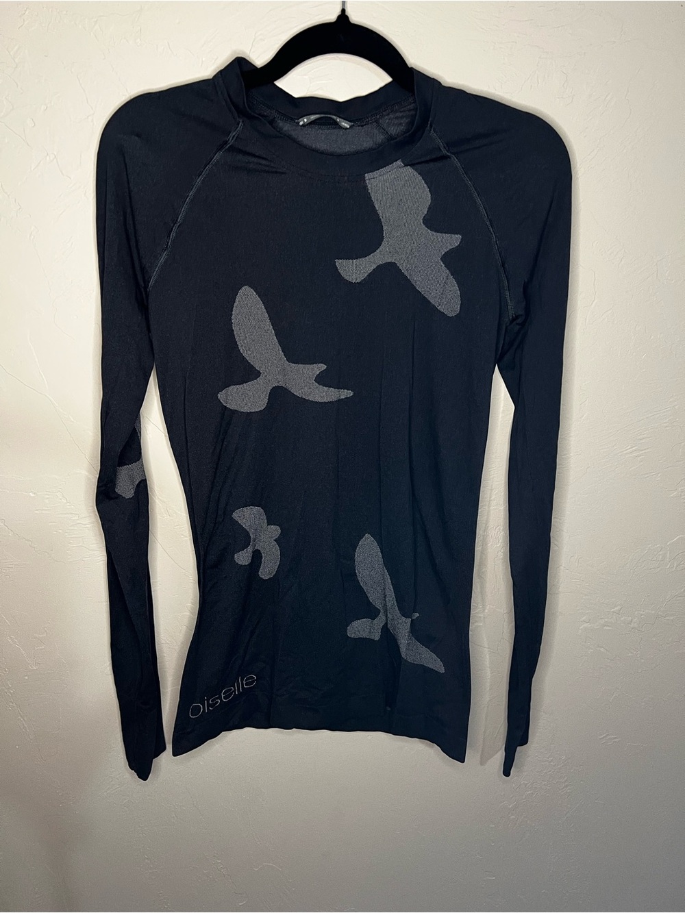 Oiselle Flyte Black Bird Print Long Sleeve Running Athletic Performance Top - Picture 2 of 6